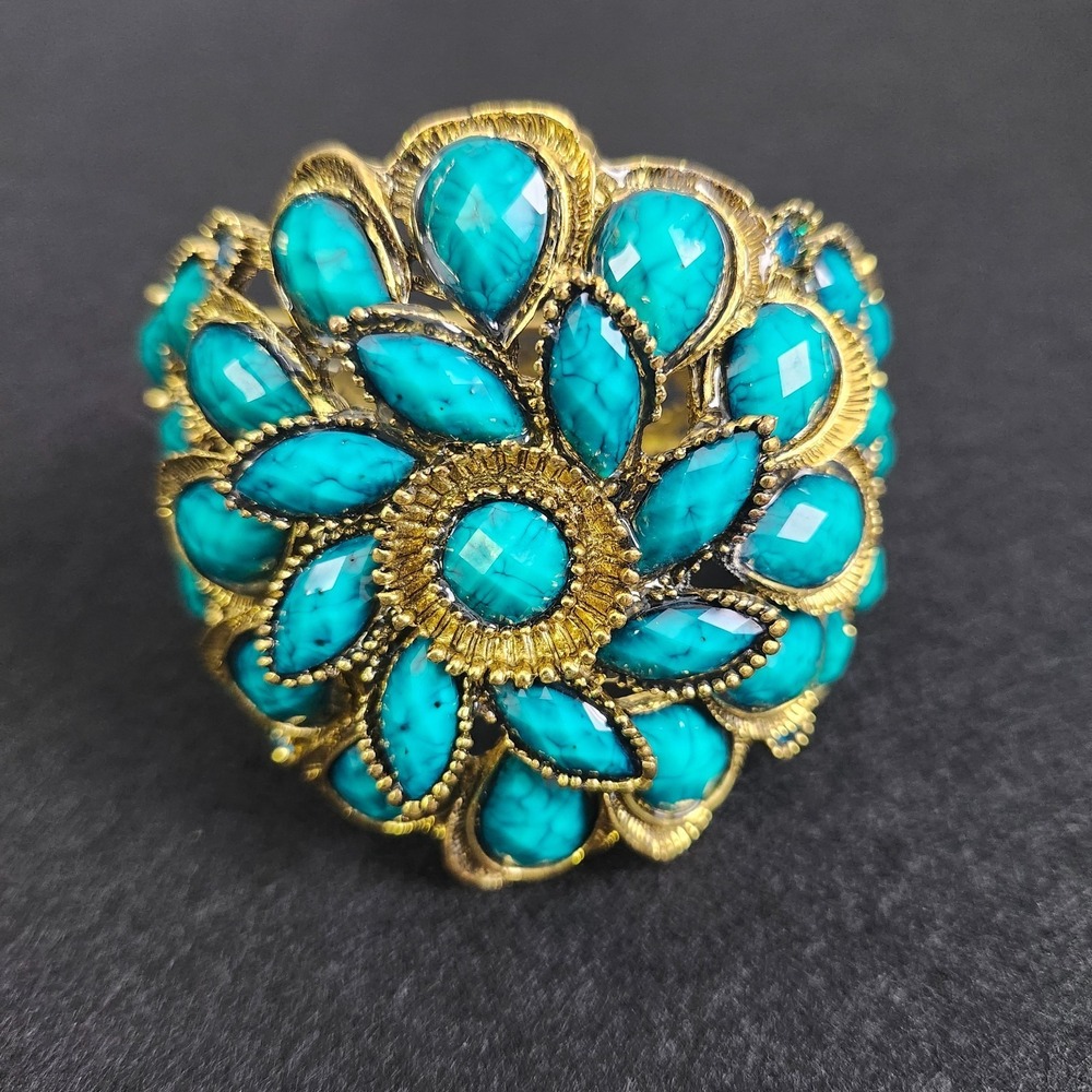 Gold Tone Clamp Bracelet with Teal Turquoise Color Stones Statement Jewelry - Picture 2 of 7